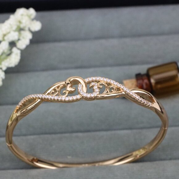 Rose Gold Plated Bangle with Curvy Heart Cutwork and Sparkling CZ, XPBL0424 - Picture 1 of 12